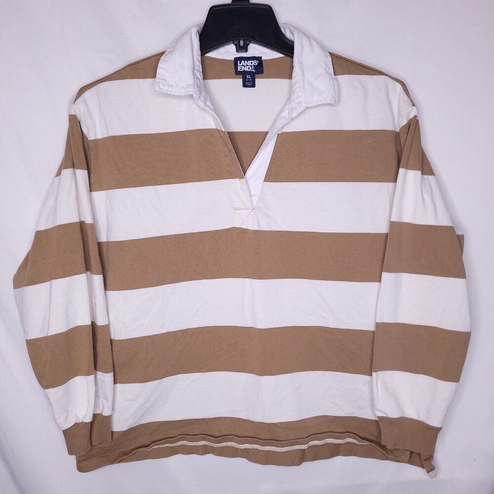 Lands End Rugby Polo Womens XL Striped Brown, White Long Sleeve Cotton